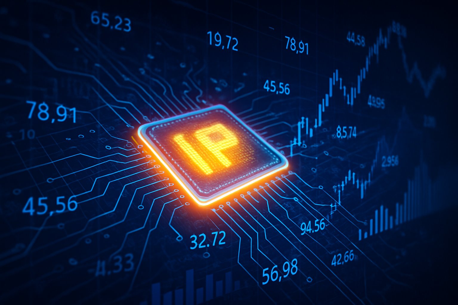Microchip glowing with graphs reflects chip IP valuation debate.