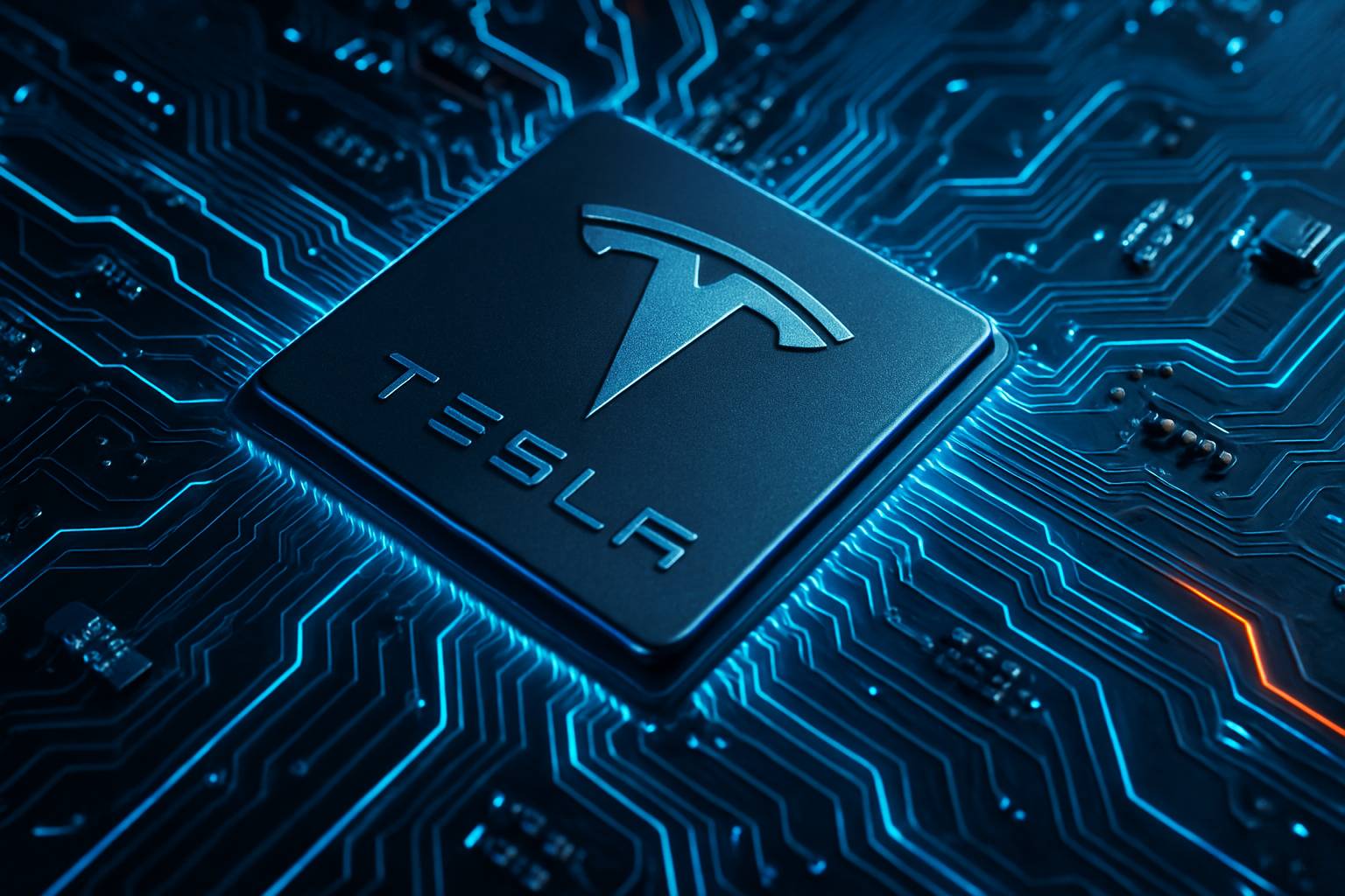 Close-up of Tesla Automotive Chip on illuminated circuit board background.