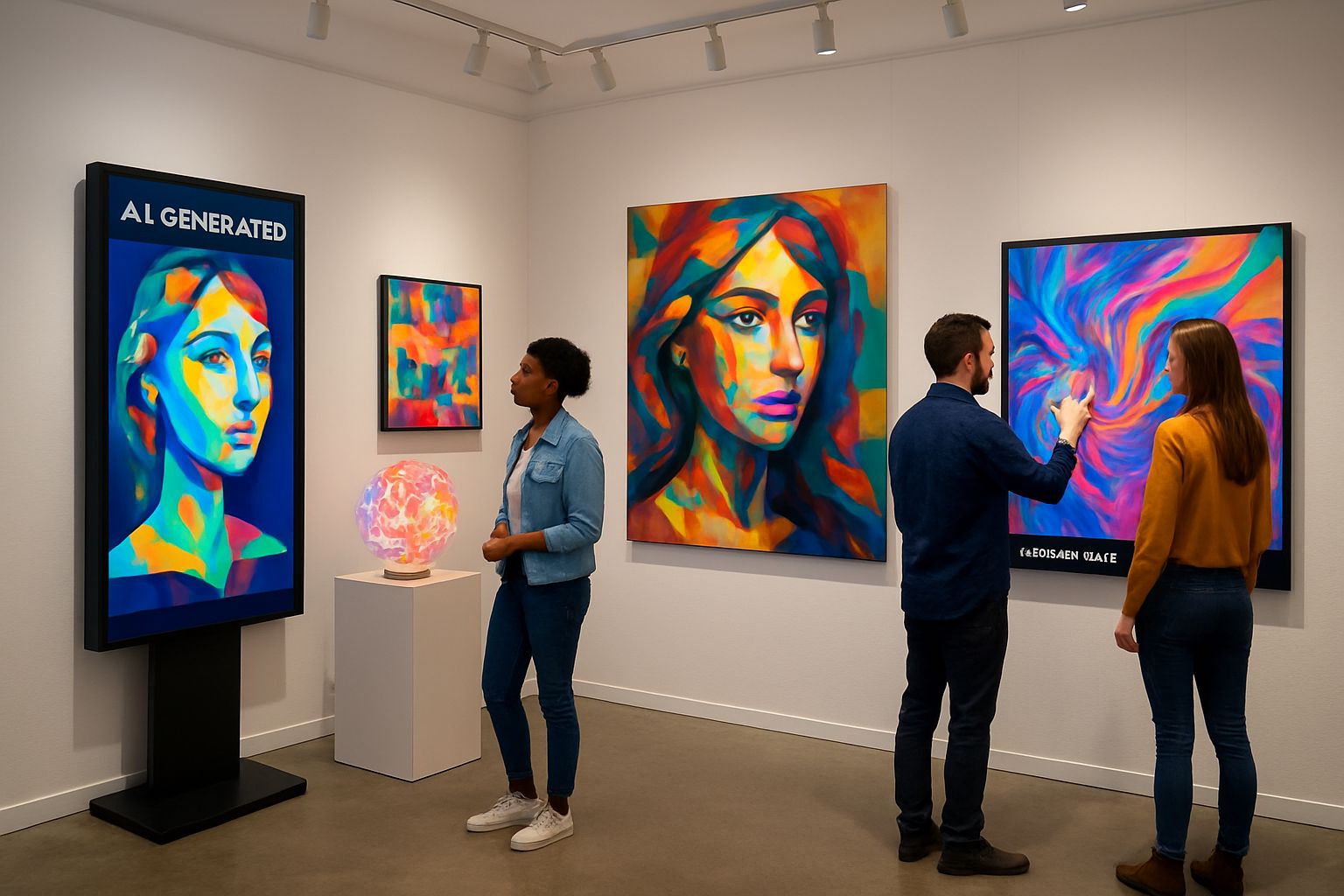 Art gallery scene showcasing AI in Arts through interactive digital and traditional exhibits.