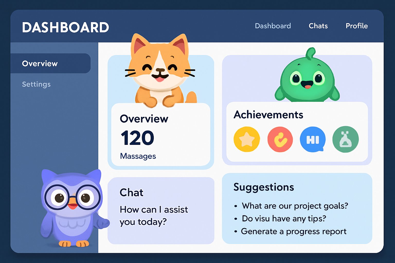 Gamified dashboard showcasing conversational AI innovation with companion features.