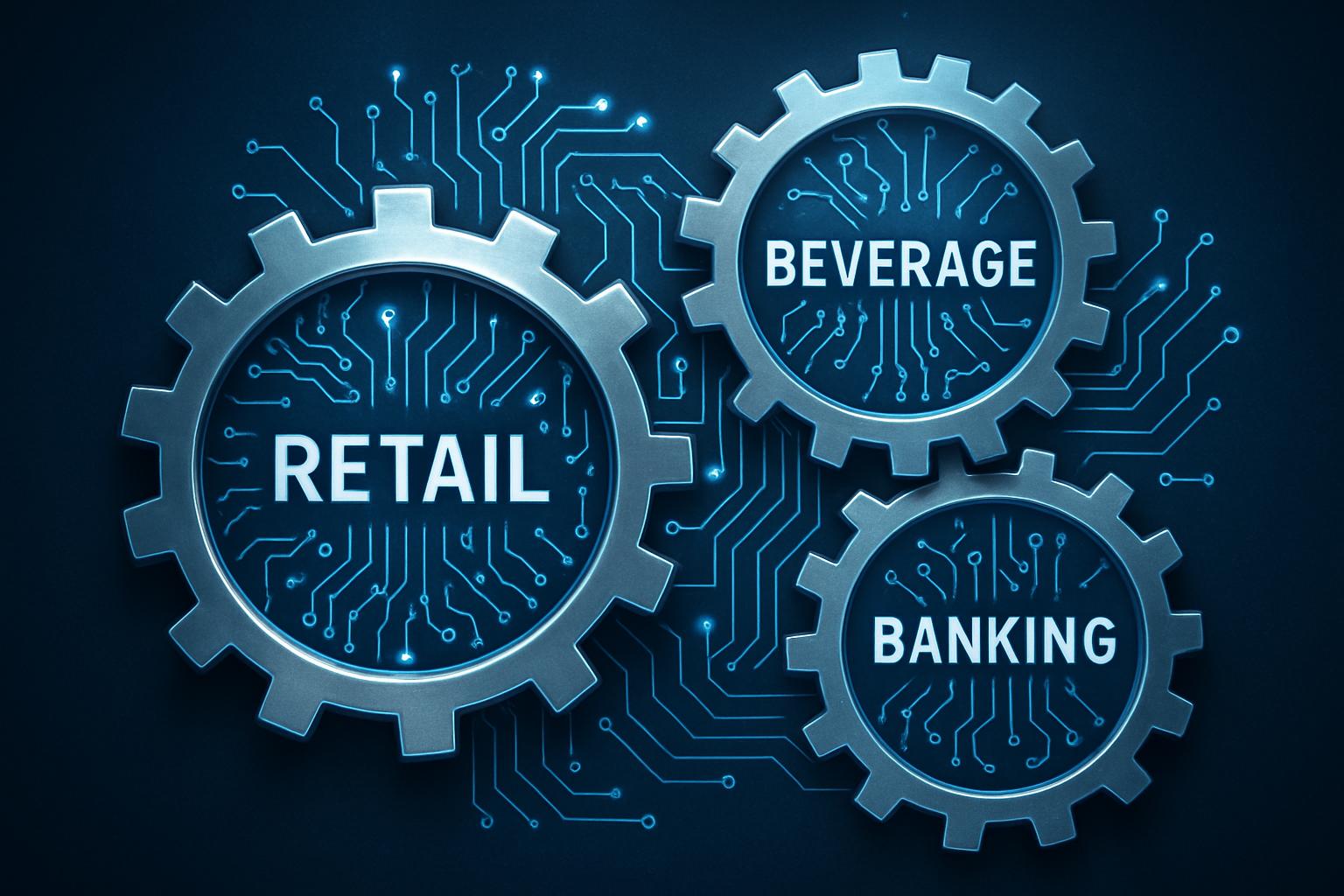 cross-industry AI adoption gears representing integration in retail, beverage, and banking sectors