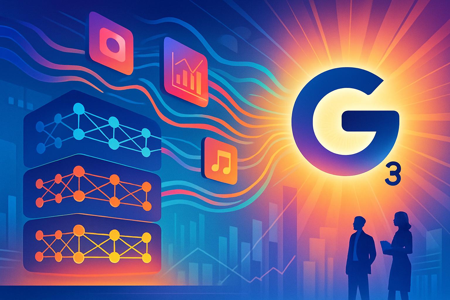 Gemini 3 logo at the center of converging neural networks and multimodal data streams.