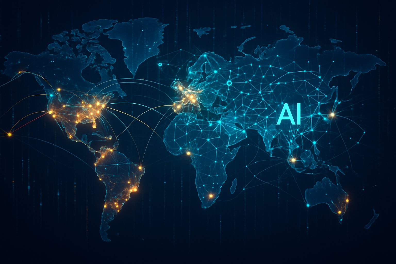 Comprehensive industry analysis depicted on a global AI data map.