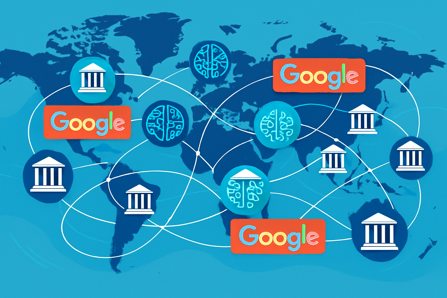 Global network of universities collaborating through Google AI education initiatives with map and icons.