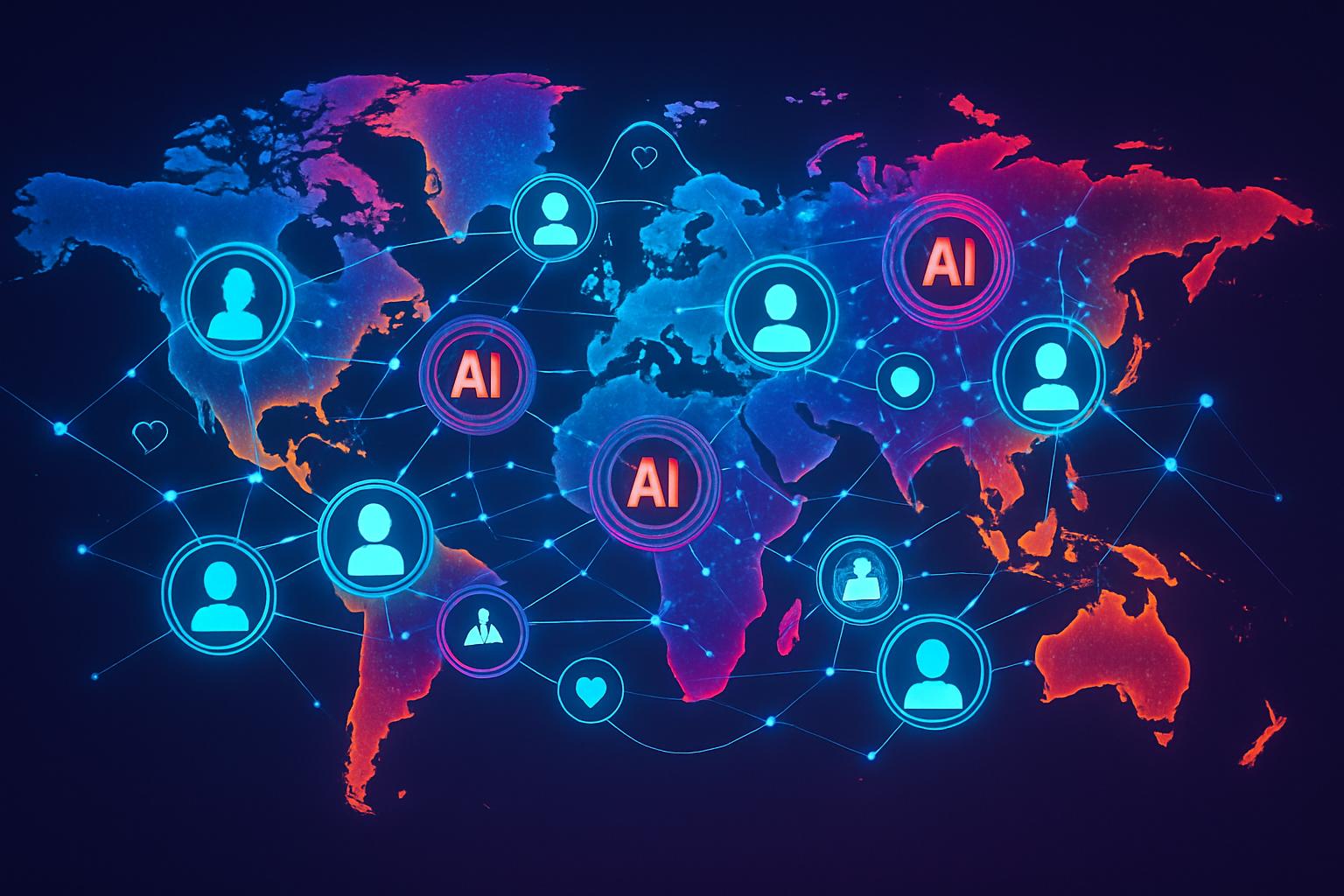 Global network map visualizing social media AI transformation across continents