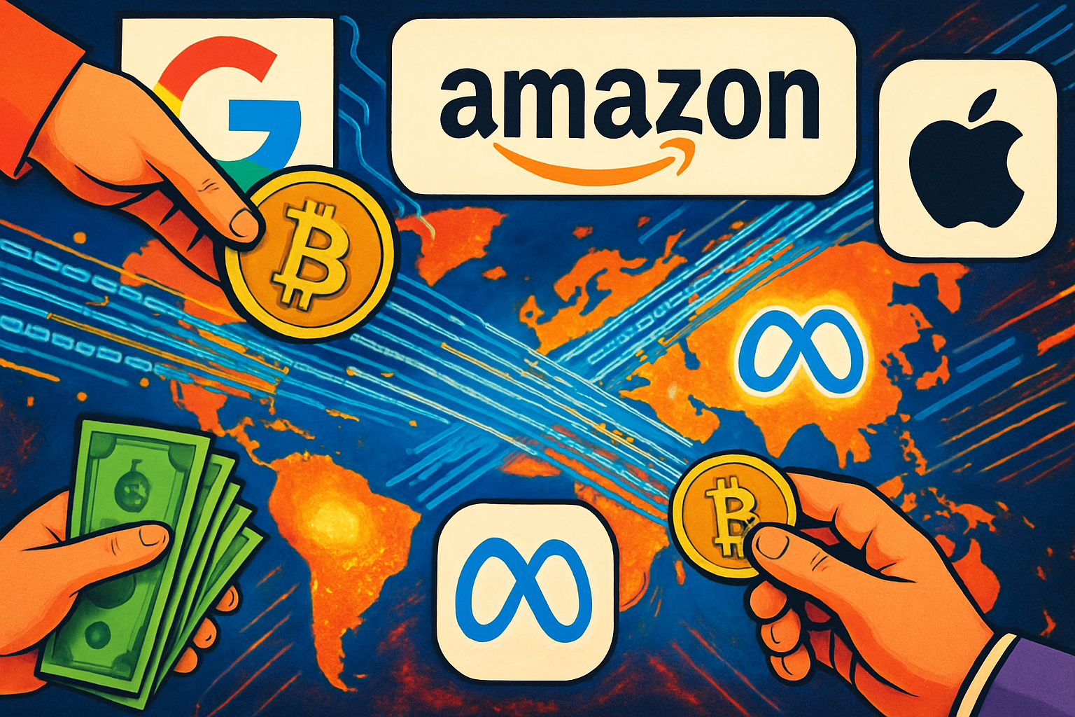 Data and currency flows representing global big tech AI investment trends.