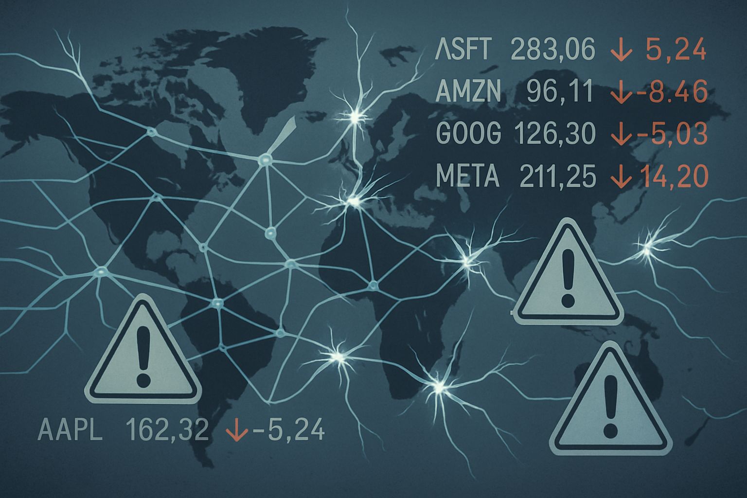 Crumbling world network and market tickers depict AI market crash 2025 impact.