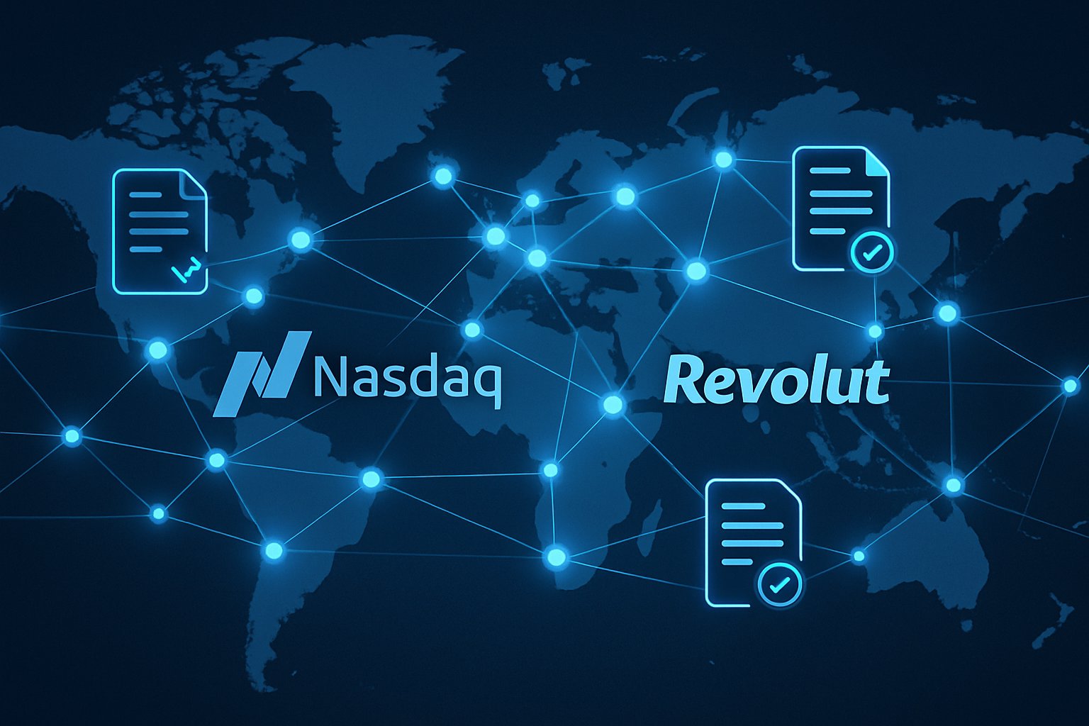 Fintech global network map illustrating Nasdaq and Revolut compliance partnership.