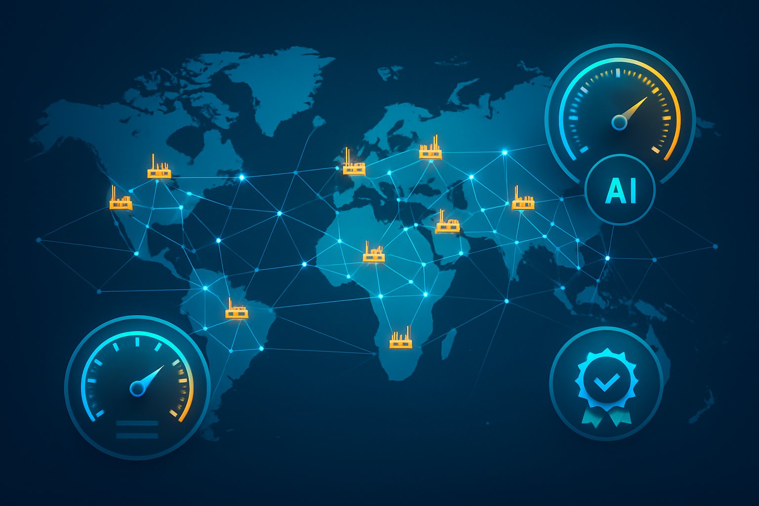 Global network representing AI-driven Quality Assurance in international manufacturing