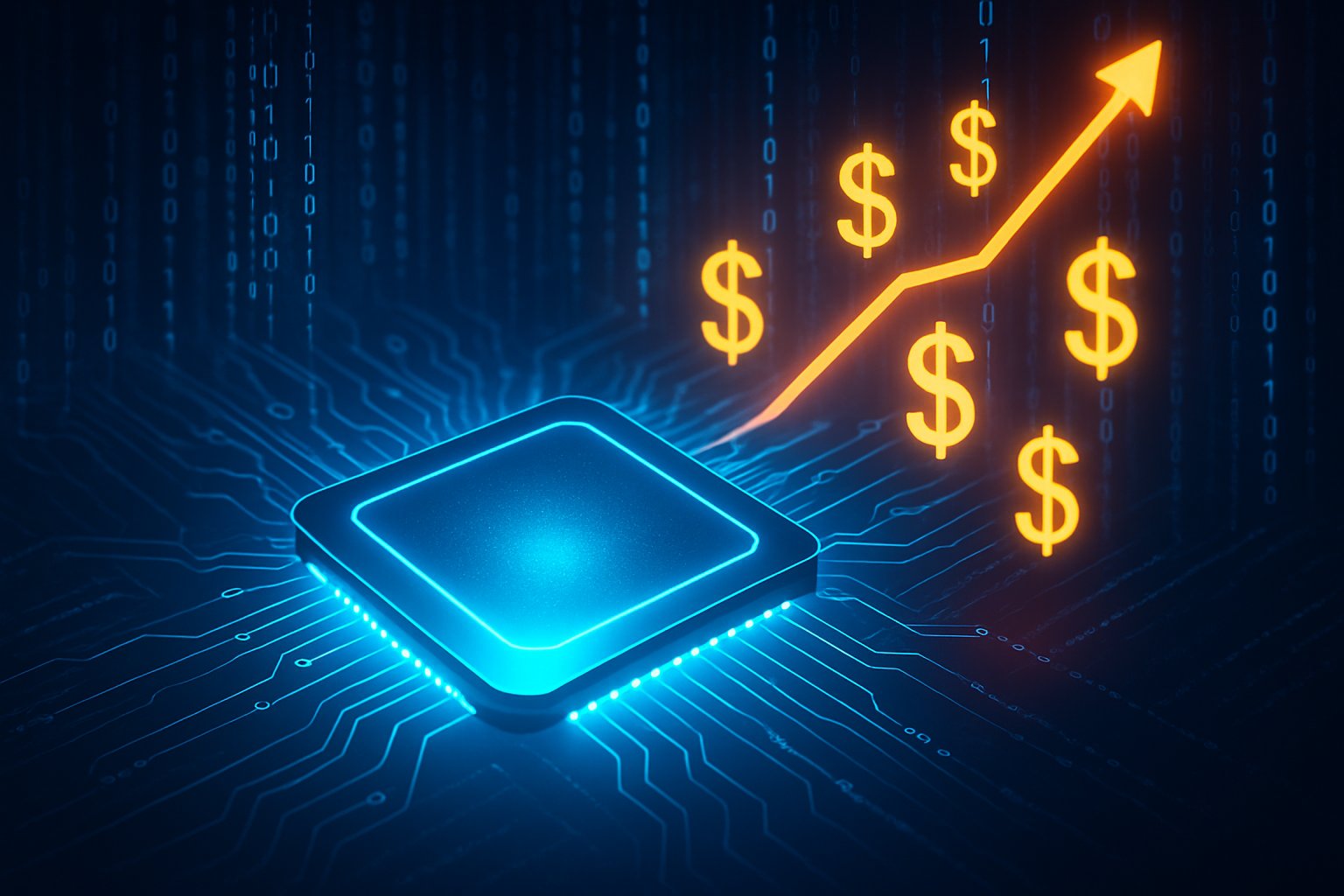 Modern glowing microchip symbolizes AMD's chip recovery momentum in Q3.