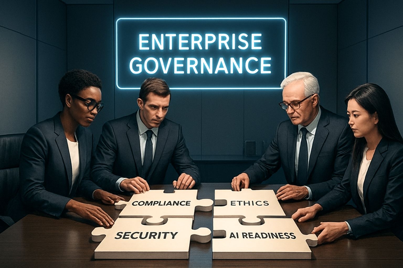 Enterprise Governance illustrated by leaders assembling infrastructure puzzle pieces in a boardroom.