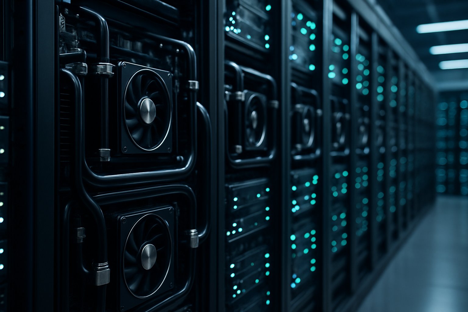 Close-up of GPU-dense racks in modern AI datacenter infrastructure with liquid cooling.