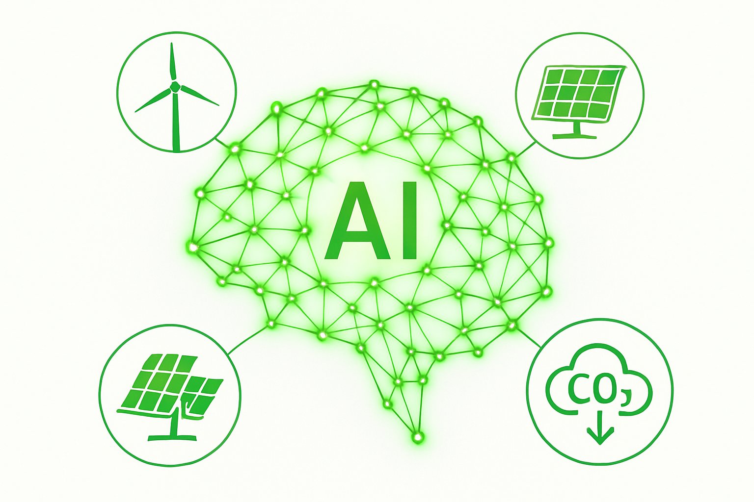 Infographic shows green AI models improving energy and climate impact.