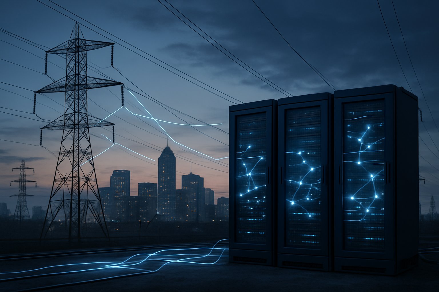 City electric grid and data servers illustrating capex risks in research firm analysis.
