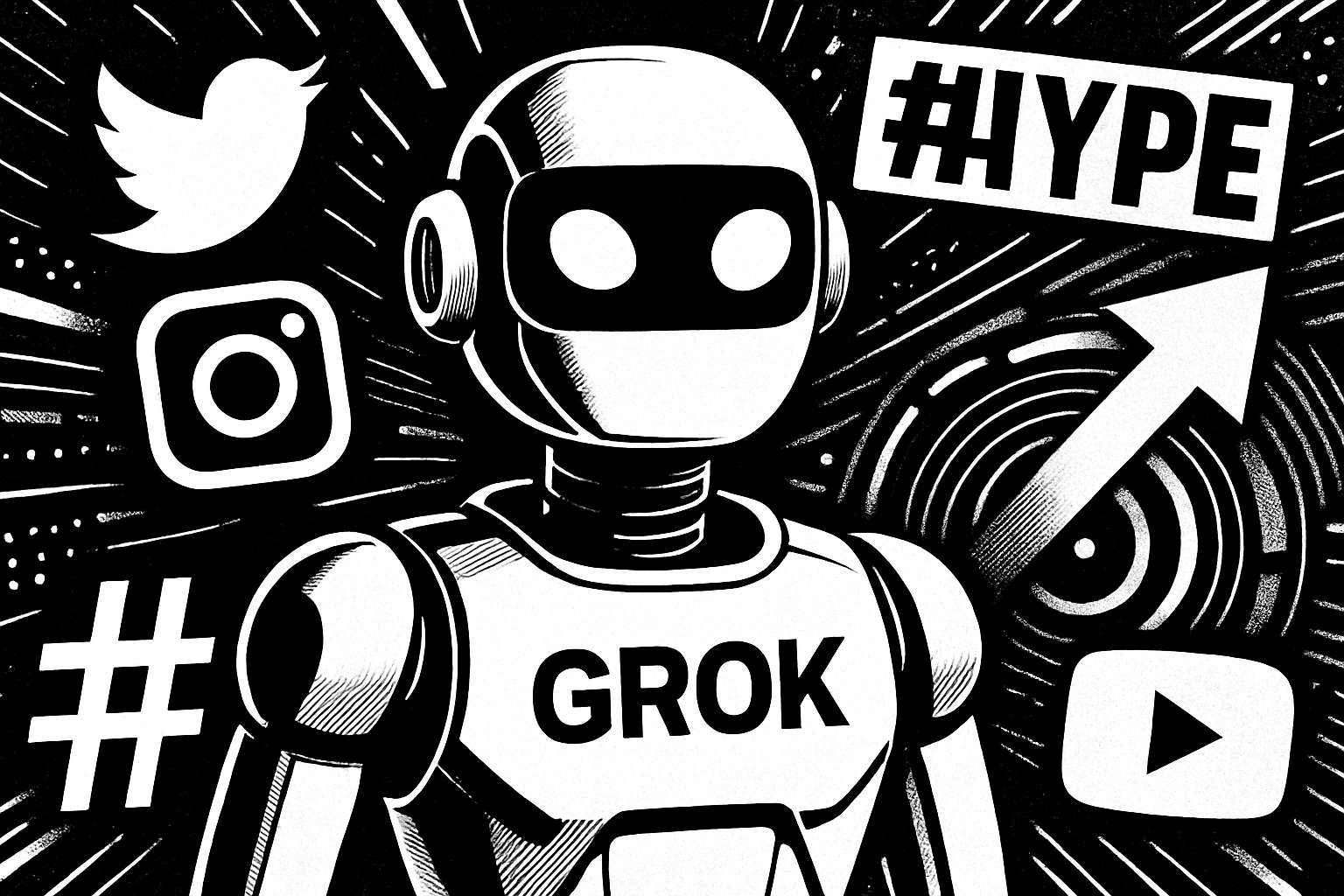 Grok 4 robot at center of digital xAI promotion blitz with social media icons.