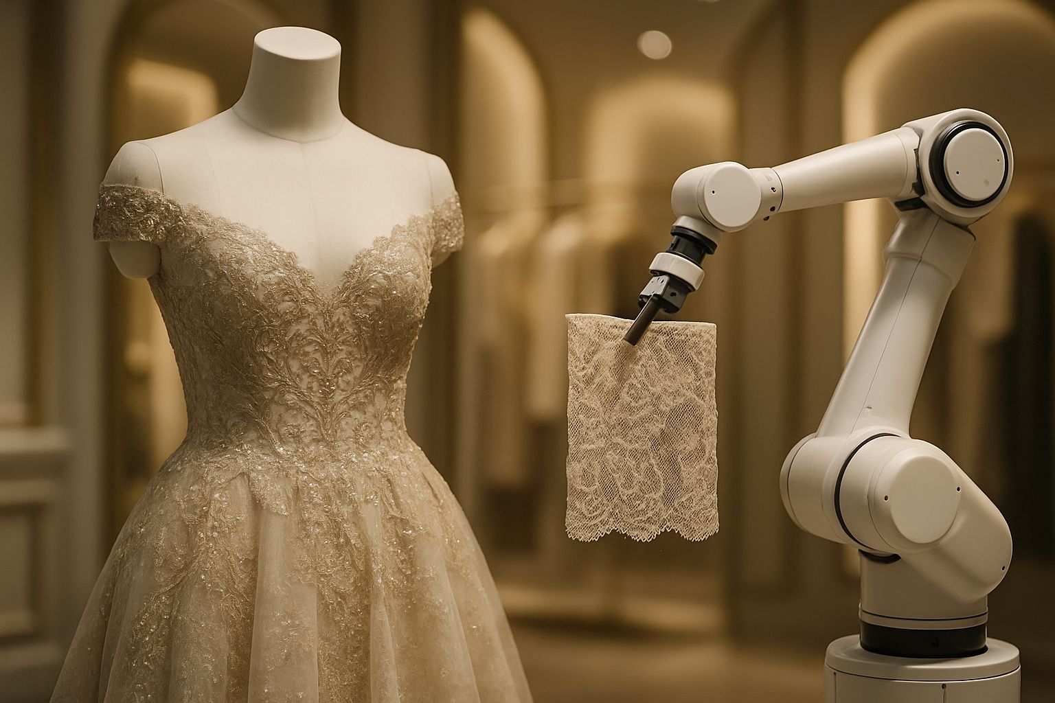 Mannequin in hand-crafted gown symbolizing human-led creativity in luxury fashion.