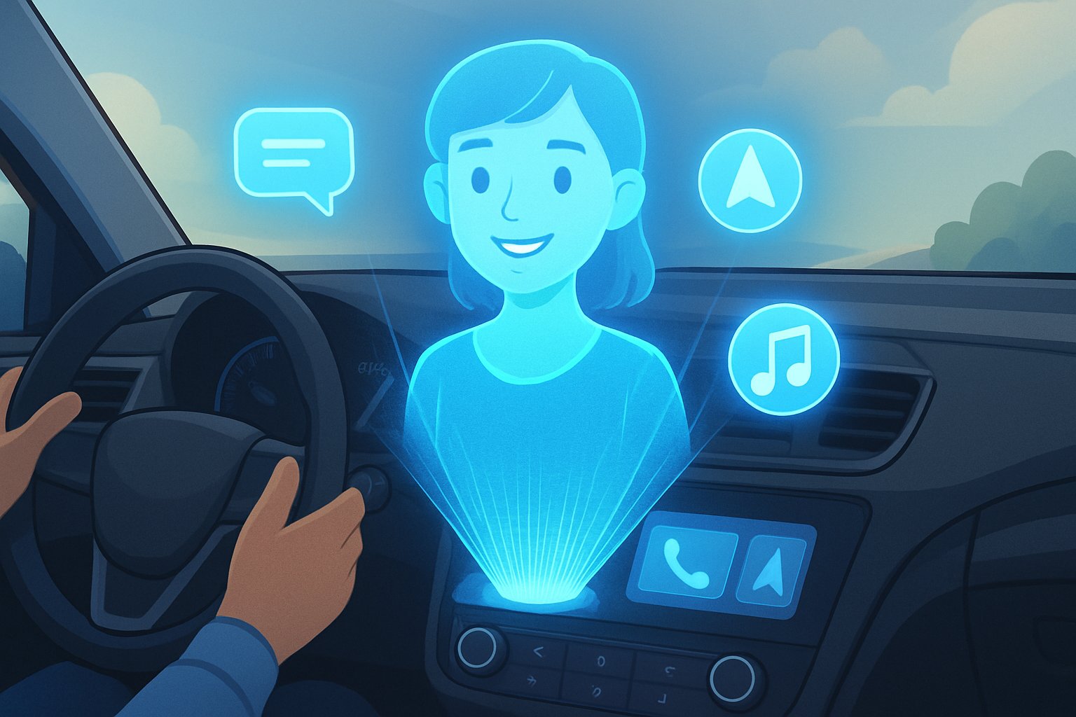 In-Vehicle AI Assistants providing hands-free app control in a modern vehicle.