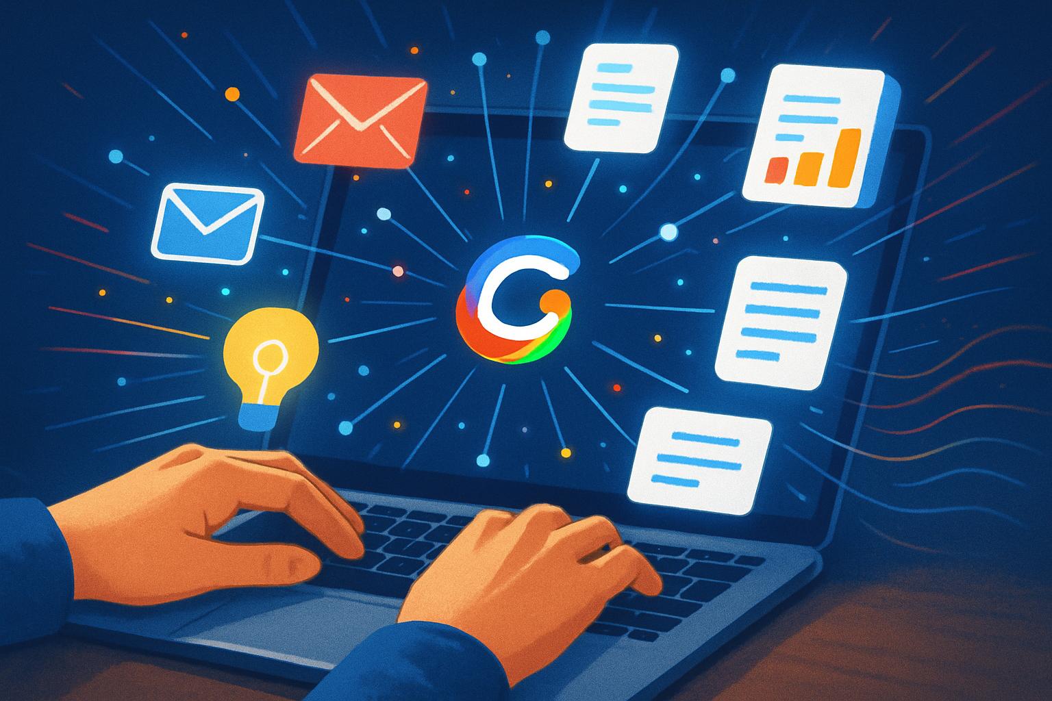 Close-up laptop interface showing contextual information retrieval in Workspace