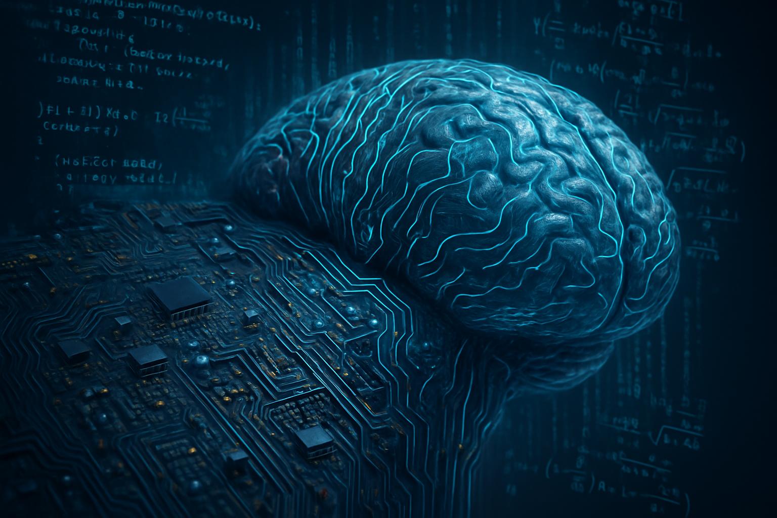 Frontier AI concept showing a circuit board transitioning into a brain with logic symbols.
