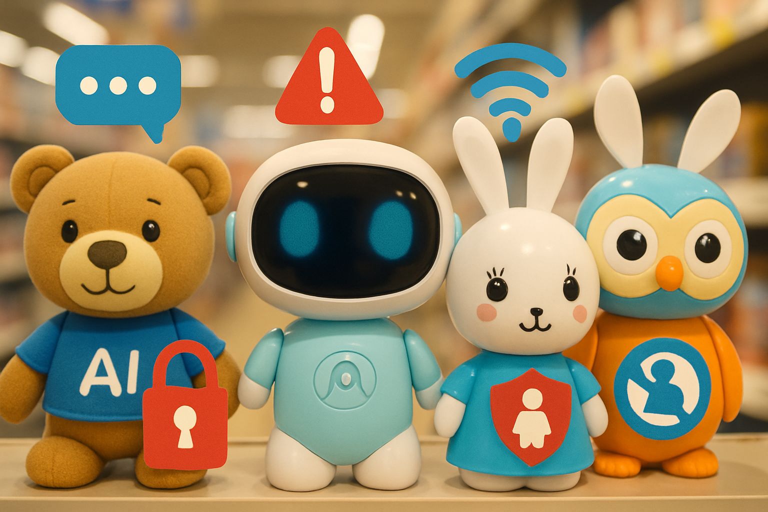 Popular AI Toys on store shelf with privacy and safety risk icons.