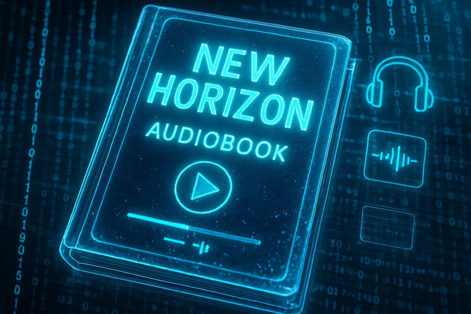 Media Innovation reflected in holographic audiobook cover and digital interface.