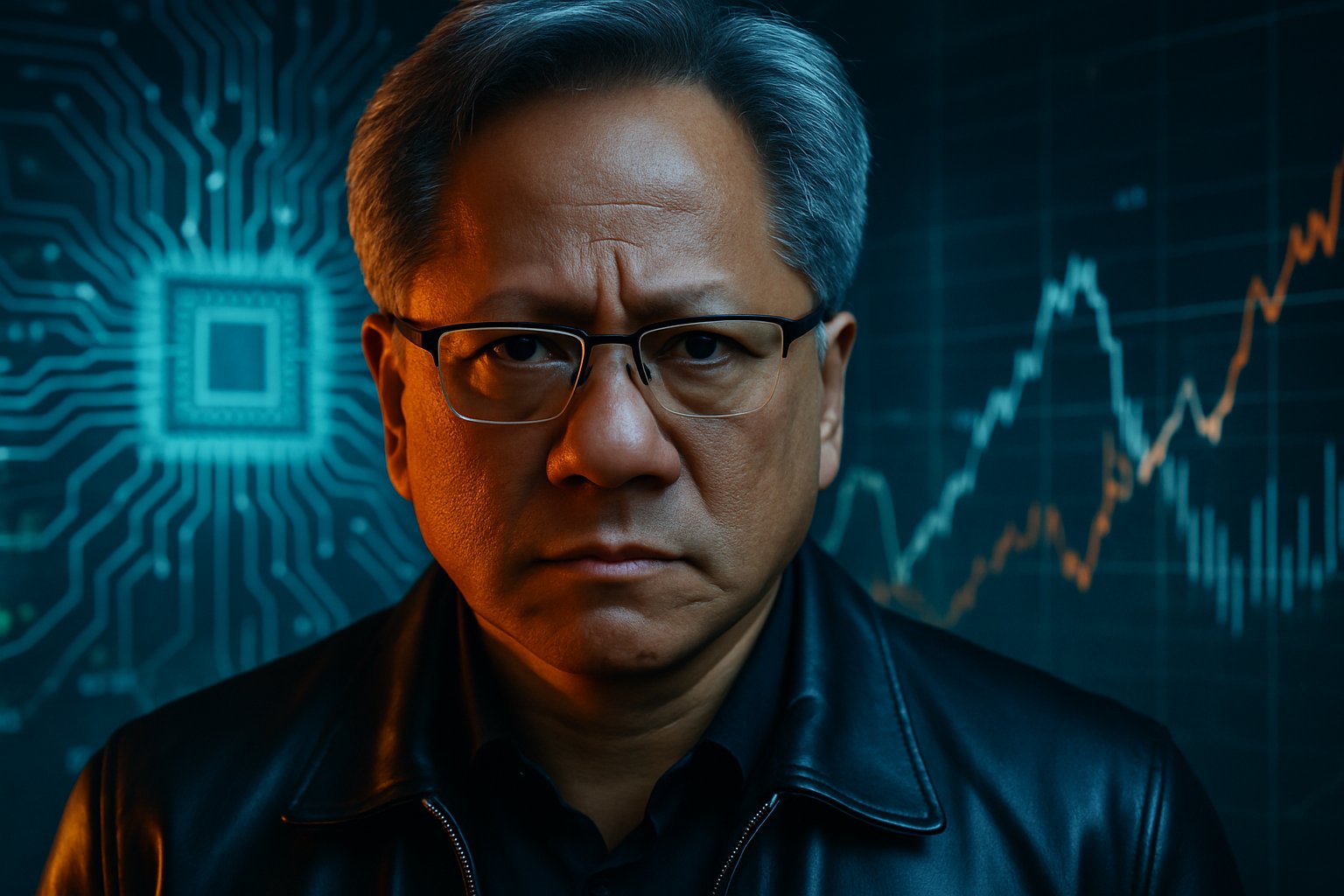 Jensen Huang leading AI-driven change with financial and technological impact visuals