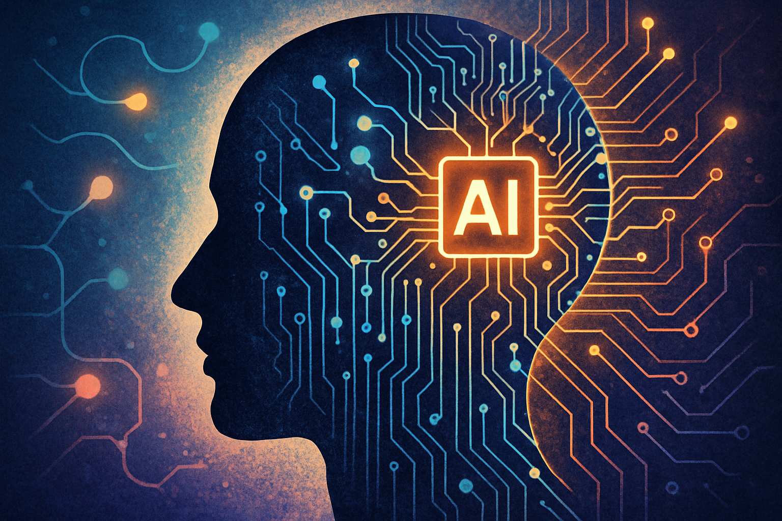 Human head merging with digital circuits highlights Synthetic Cognition Debate concepts.