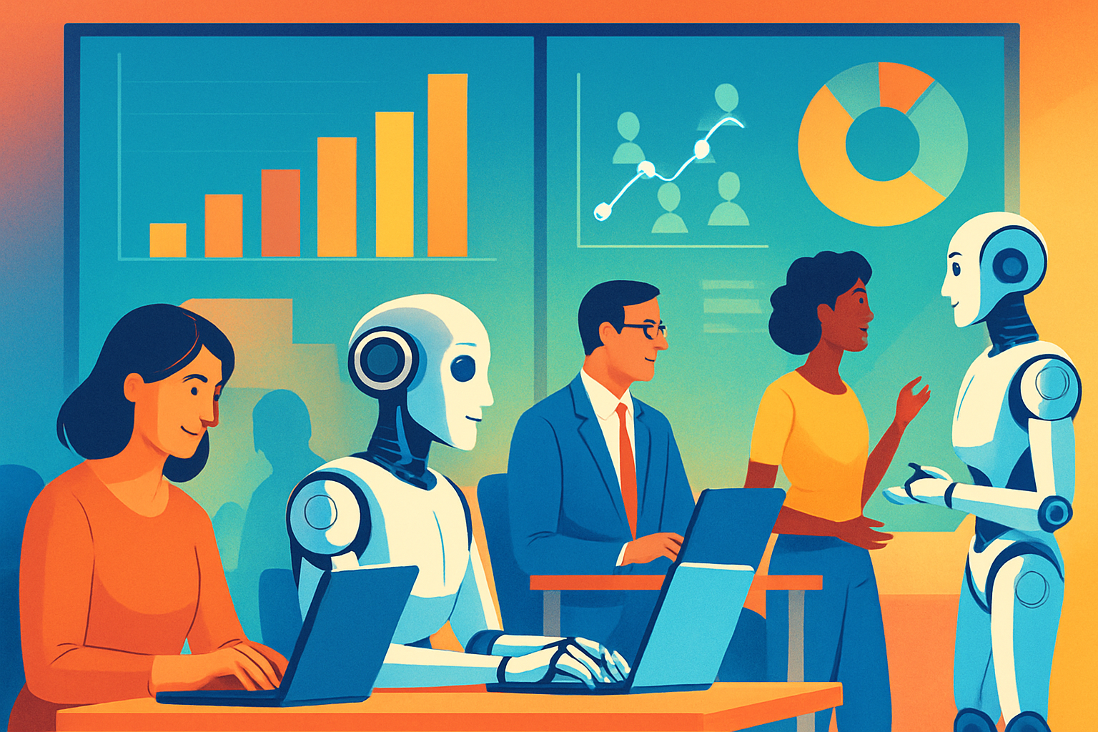 Human employees collaborating with AI robots during AI workforce transformation.