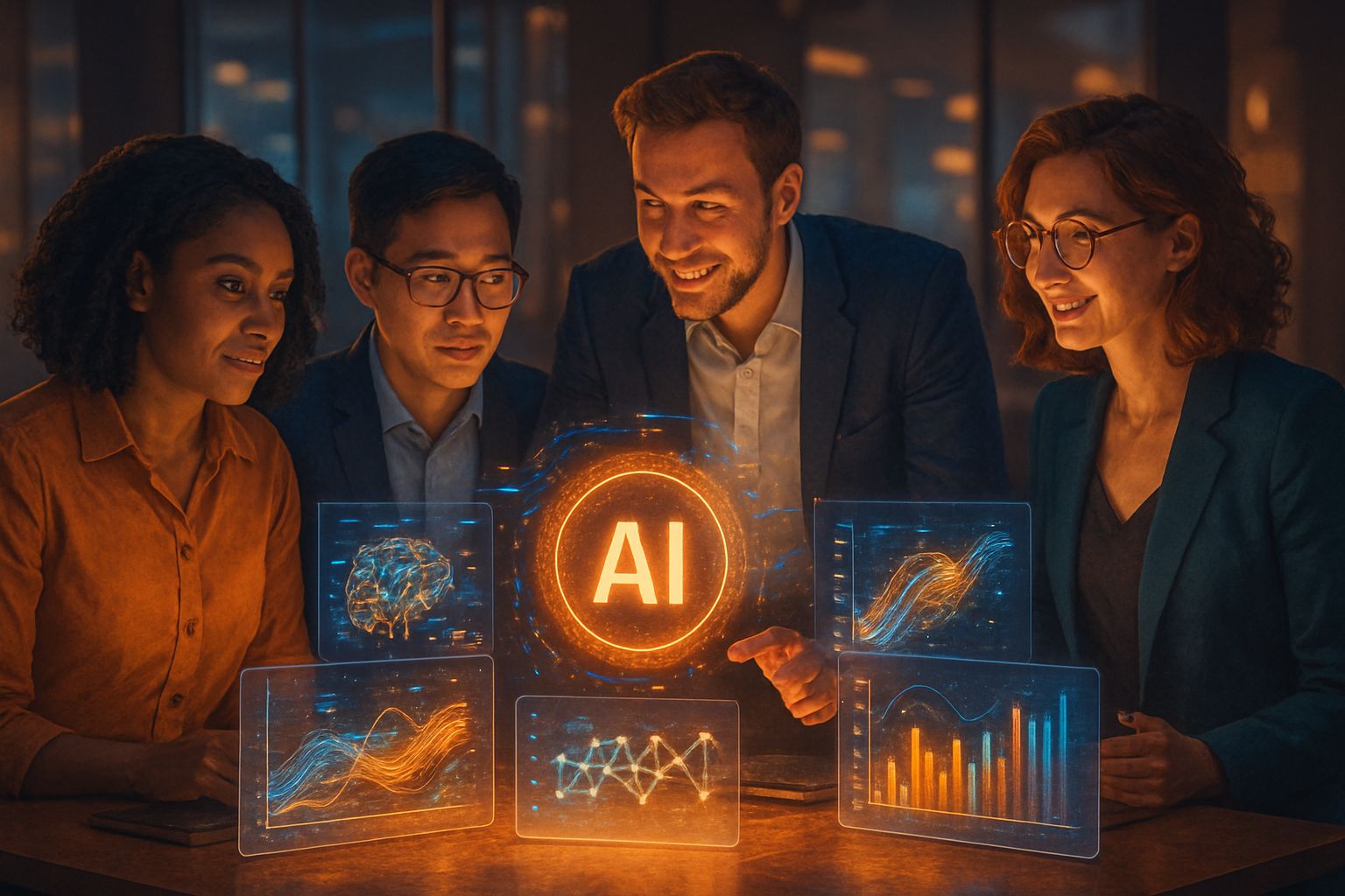 Team collaborating with AI interfaces in a Generative AI Era workplace.