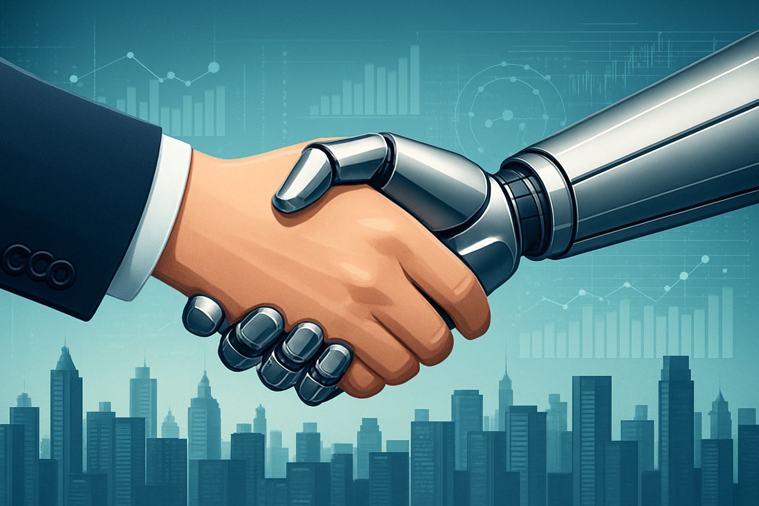 Human and robotic hands shake, symbolizing AI-native transformation partnership.