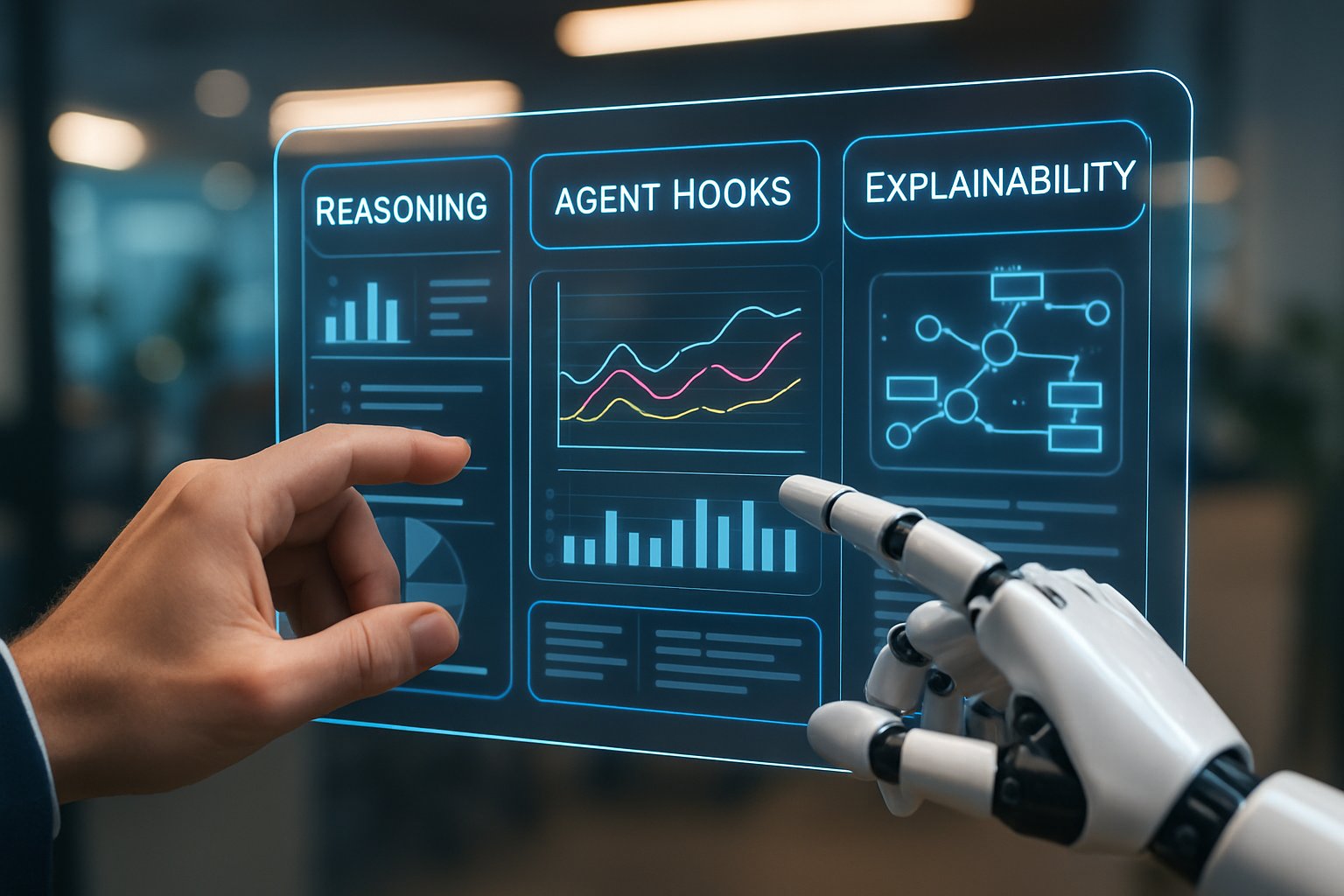 AI-native databases depicted with humans and robots analyzing explainable reasoning modules.