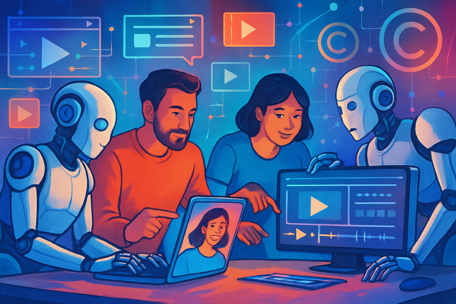AI robots and humans co-curating AI social video content on digital platforms.