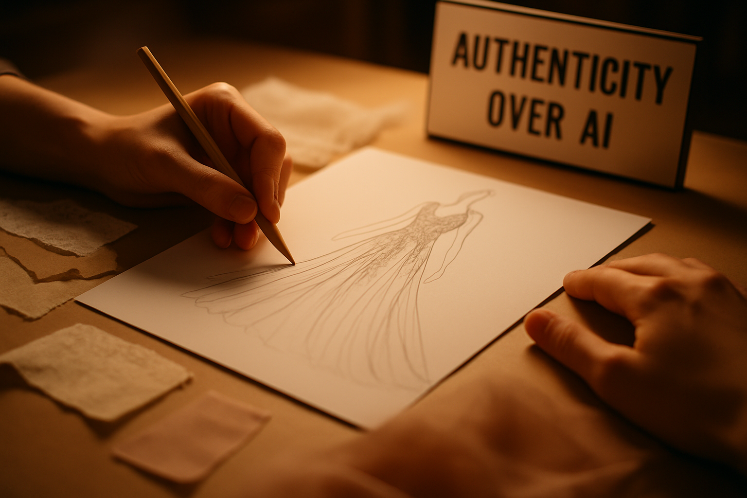 Designer studio scene with anti-AI branding sign and human sketching