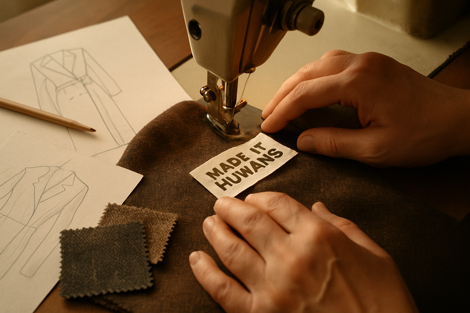 Sewing machine emphasizes anti-AI branding with 'Made By Humans' tag on clothing.