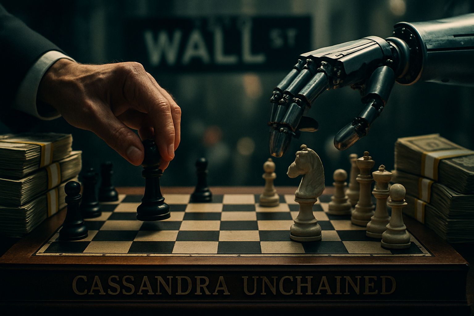 Cassandra Unchained chess match between human and AI highlighting market risks.
