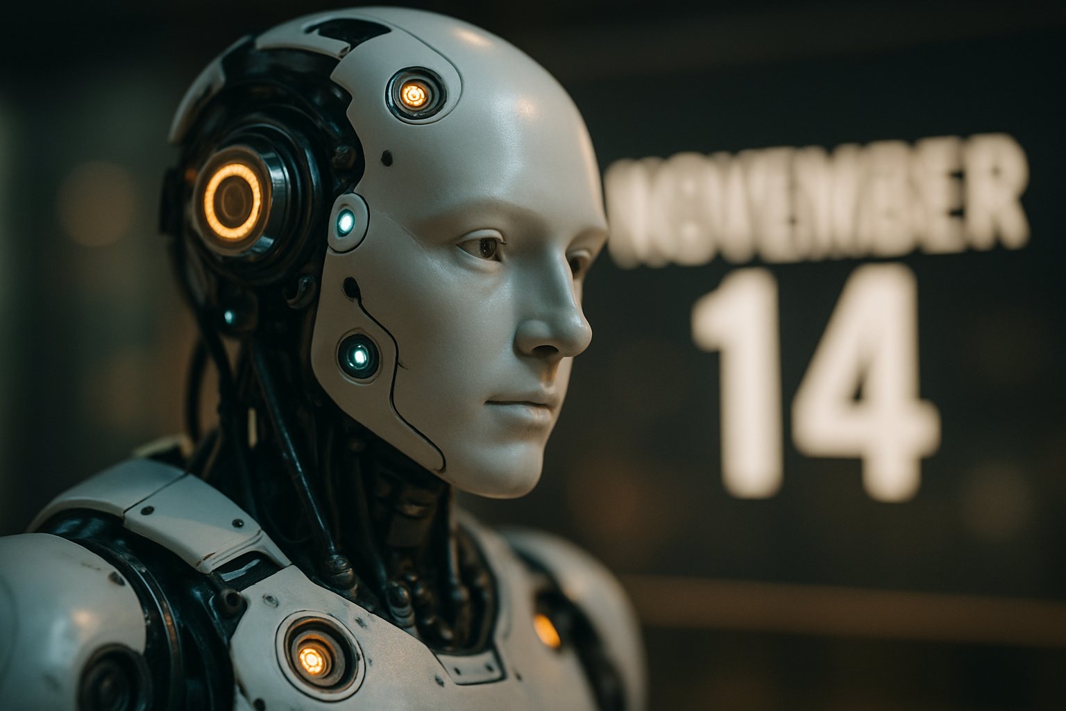 Humanoid robot introduction capturing November 14 debut in a press-release style image.