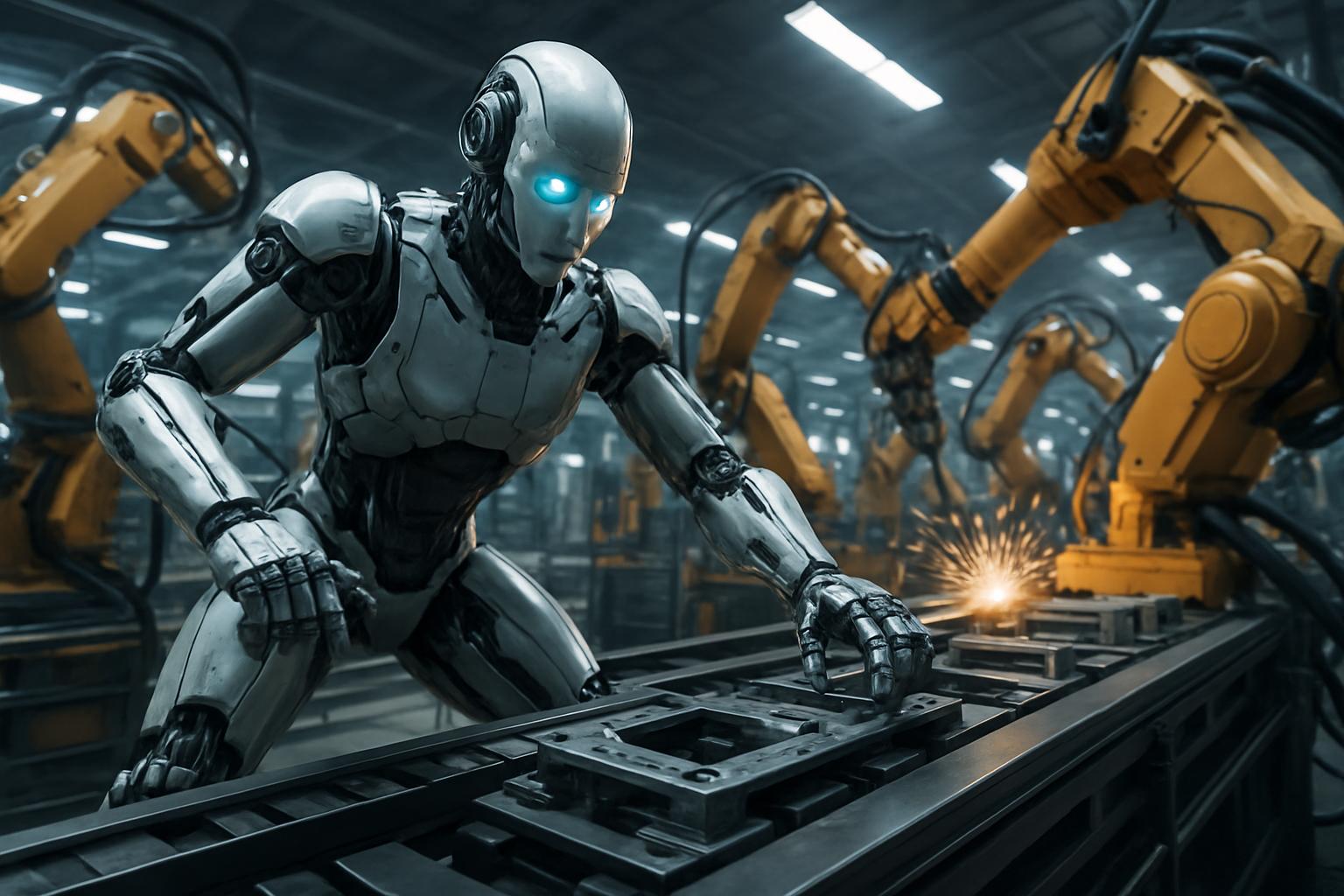 Production line with humanoid robot showing humanoid robotics development