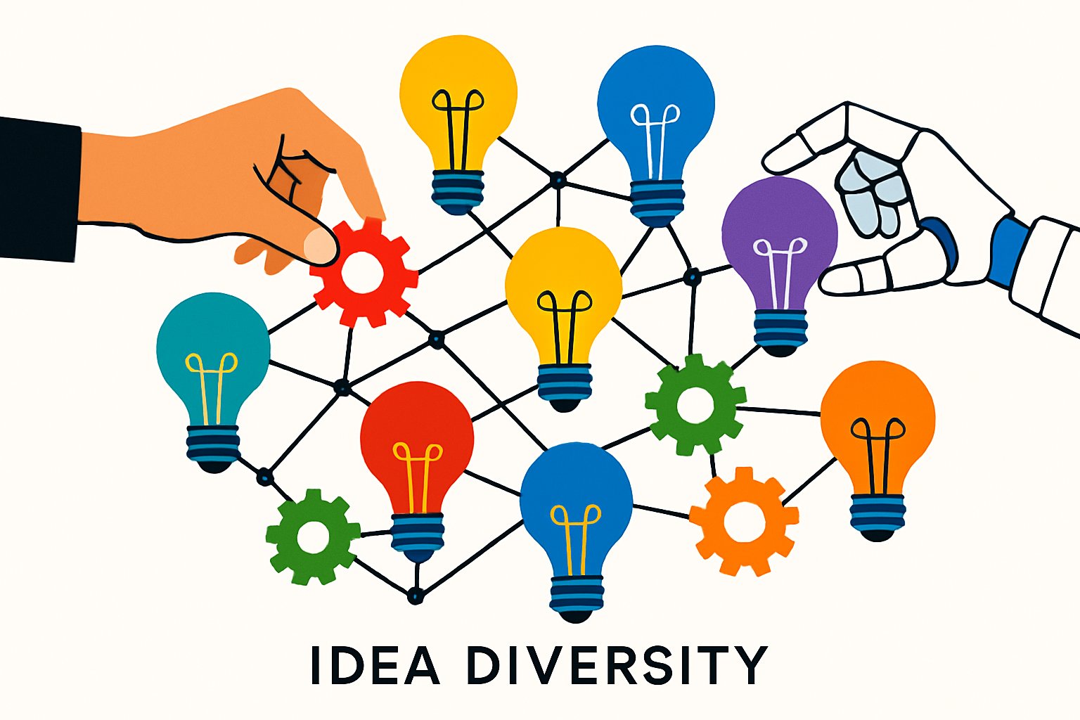 Human-AI Co-Creativity Model fostering idea diversity with interconnected lightbulbs and gears.