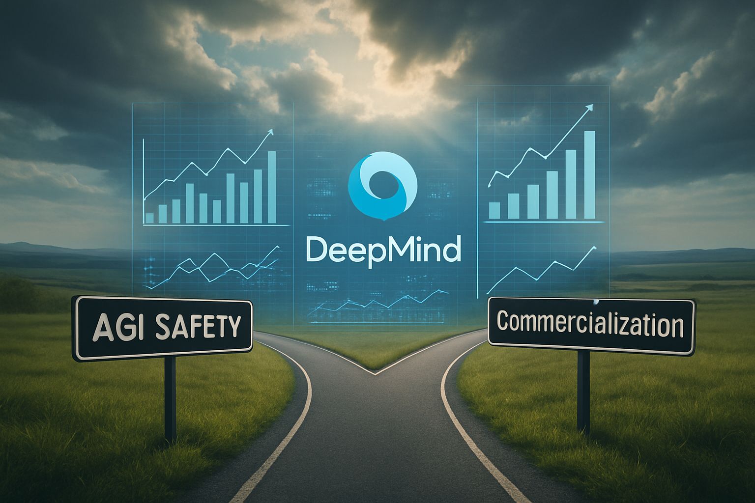Organizational identity debate visualized as crossroads between AGI safety and commercialization.