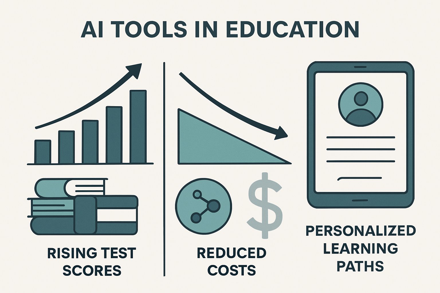 Infographic on AI in Education benefits like improved scores and personalized learning paths.