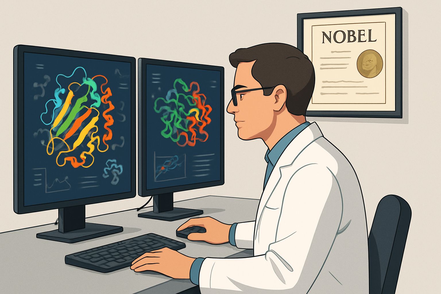 Scientist analyzes AI-modeled proteins, highlighting a scientific validation milestone.