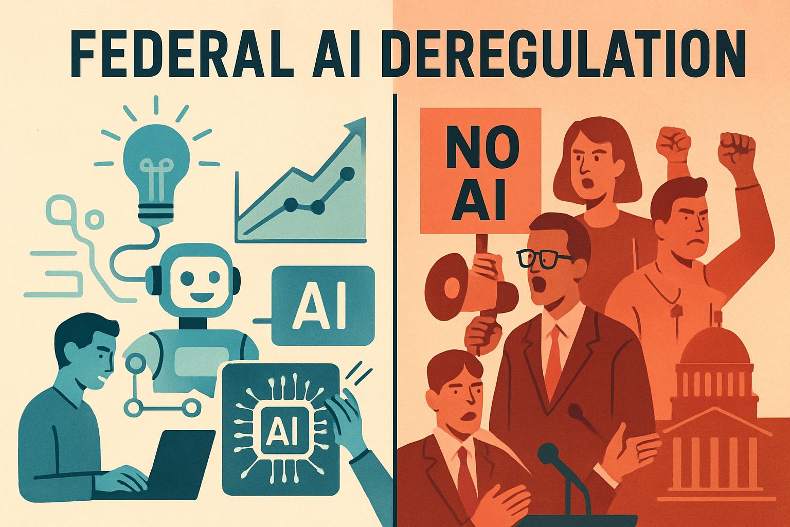 Policy clash and innovation illustrated under federal AI deregulation concept.