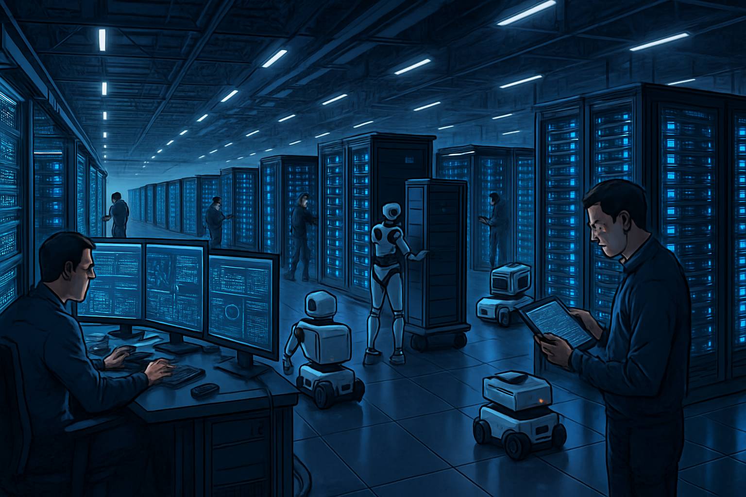 AI Infrastructure Expansion shown in a high-tech server hall with engineers and robotics.