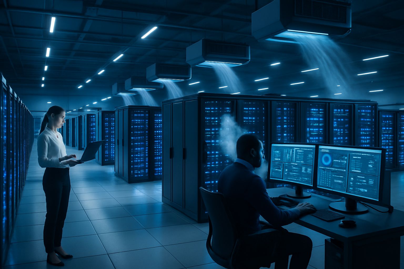 Engineers working in a high-tech datacenter architecture environment.