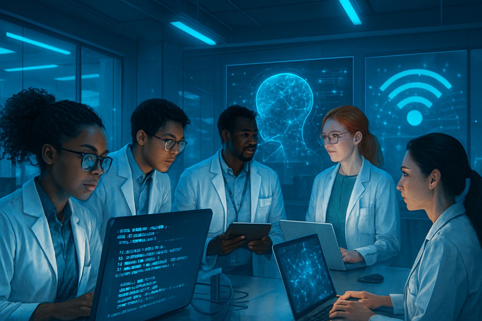 Scientists at Nokia R&D Campus collaborating on AI and data projects.