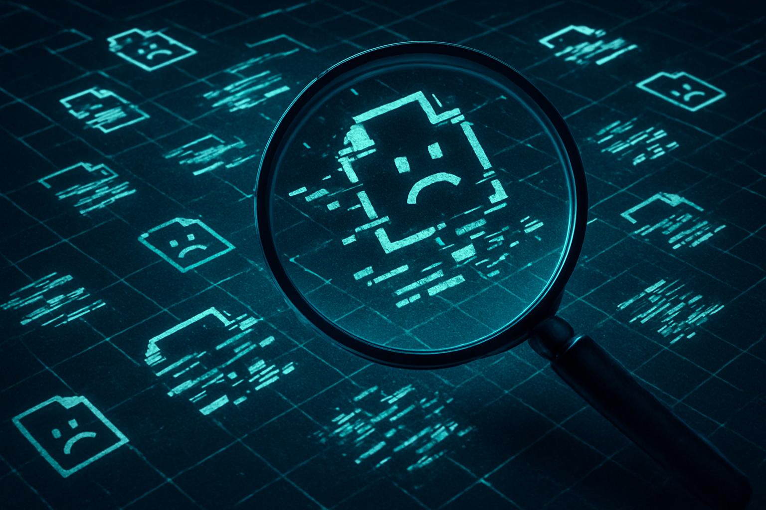 Magnifying glass examining fragmented data for AI Dataset Integrity problems.