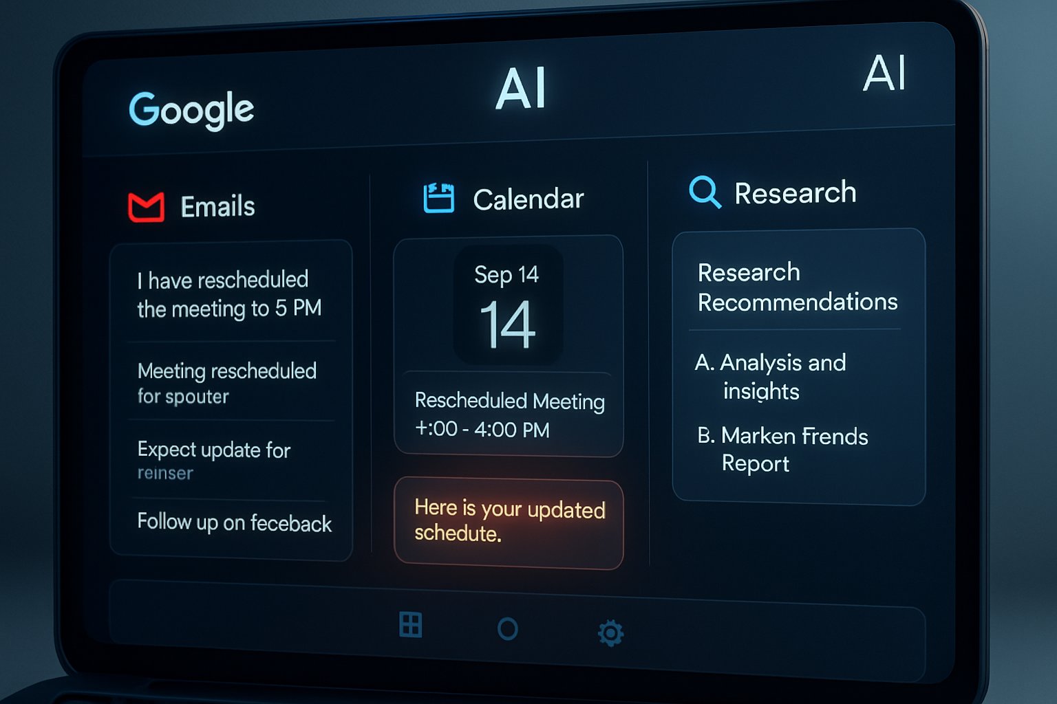 Computer screen depicting agentic AI milestone dashboard integrating Gmail, calendar, and research