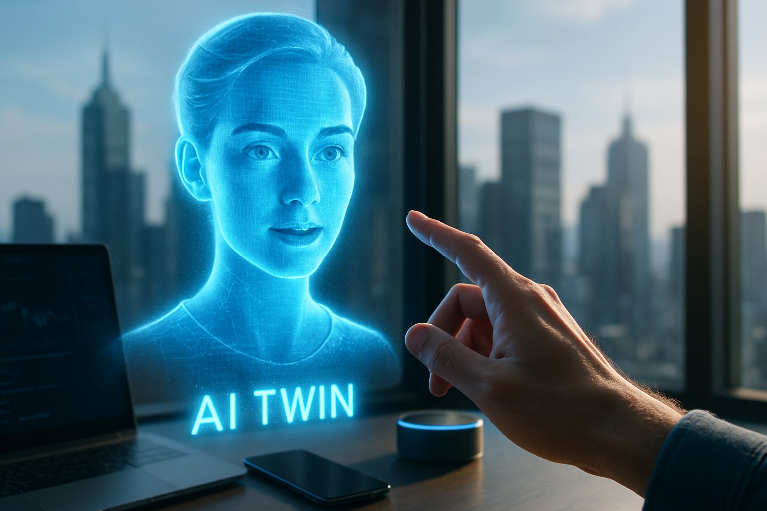 Hand interacting with Personal AI Twins holographic interface