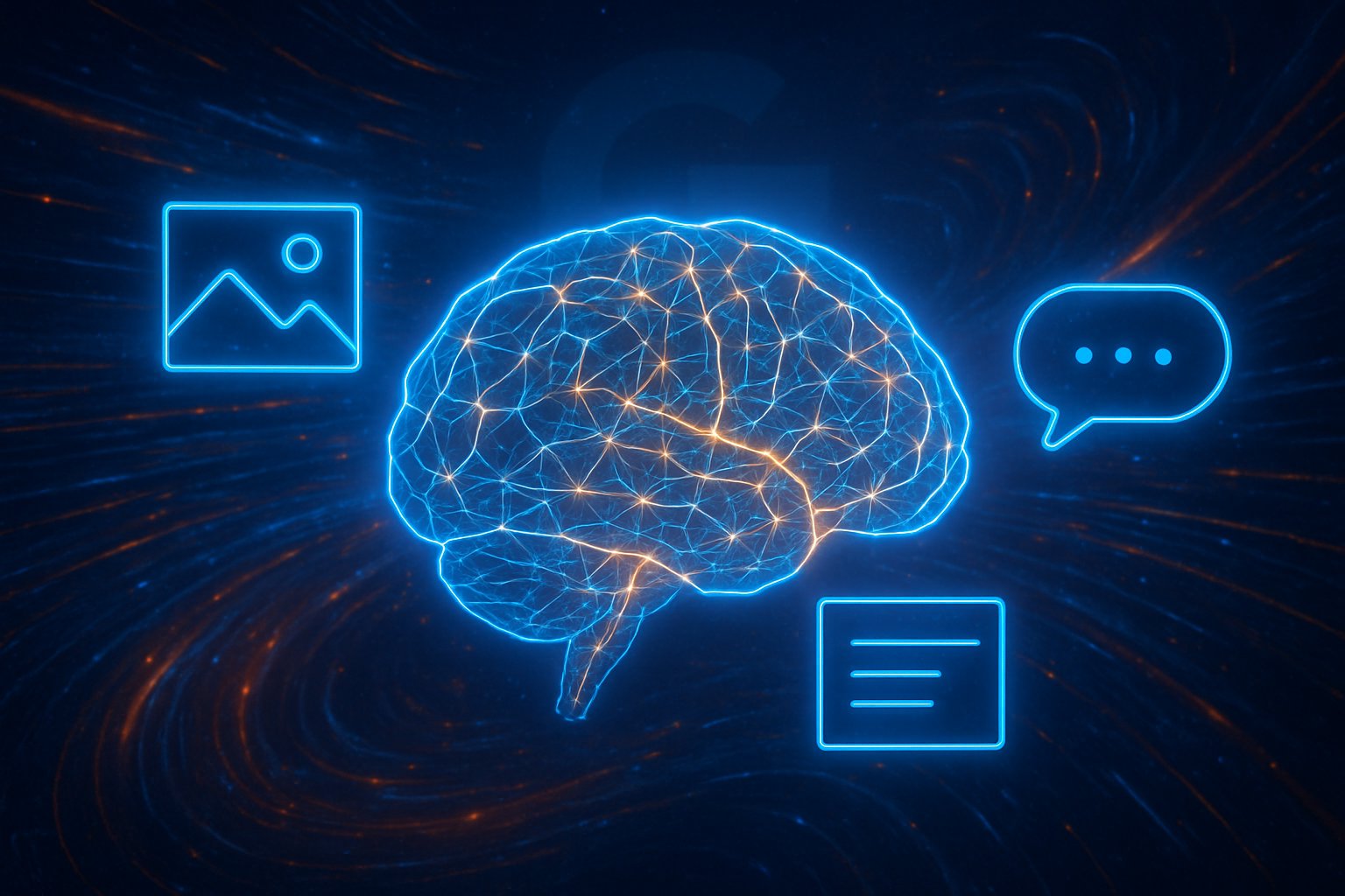 Interconnected brain visualizing next-gen multimodal AI processing text, voice, and images.