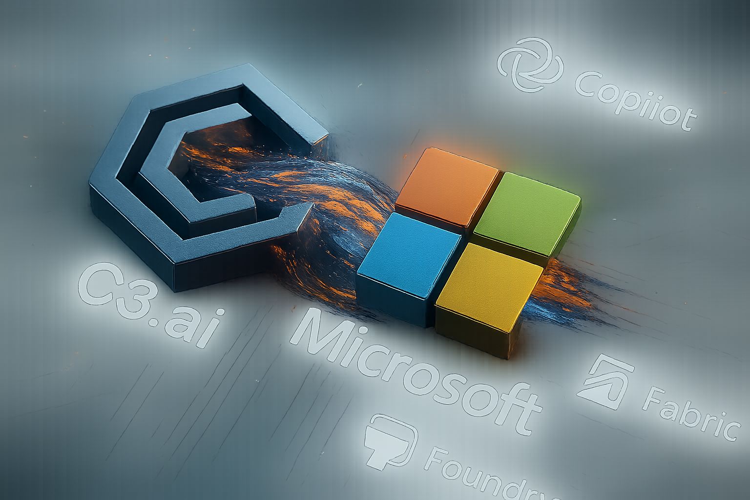 3D logos of C3.ai and Microsoft interconnected, symbolizing their strategic partnership.